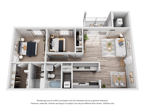 Floor plan for 2 beds, 2 baths, 956 sqft